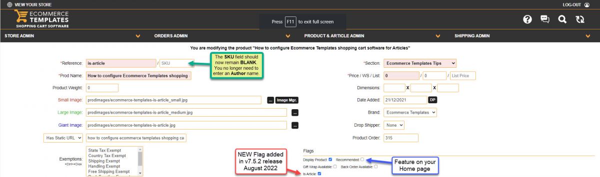 The Ecommerce Templates SKU field should now remain BLANK