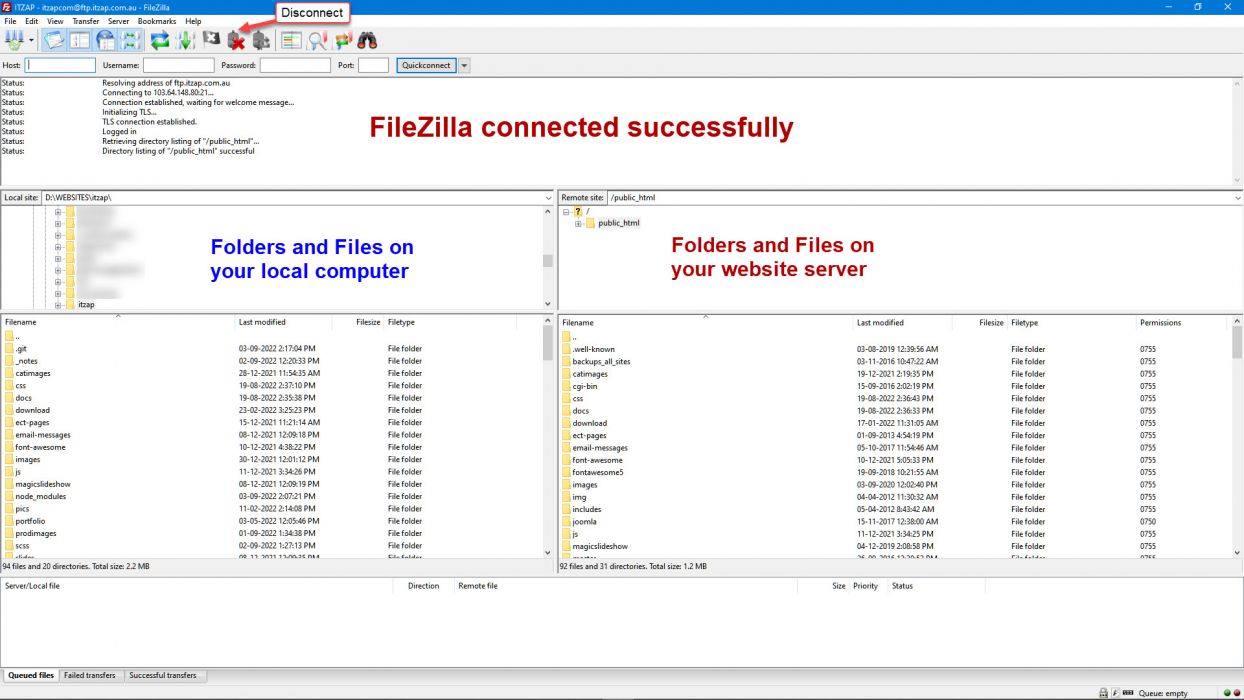 FileZilla connected to website server successfully